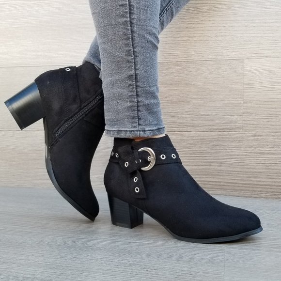 Vegan Suede Ankle Booties with Silver Buckle - Picture 2 of 8